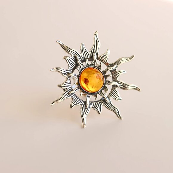 Baltic Amber Sun Ring in 925 Sterling Silver- Adjustable Size - Picture 1 of 9
